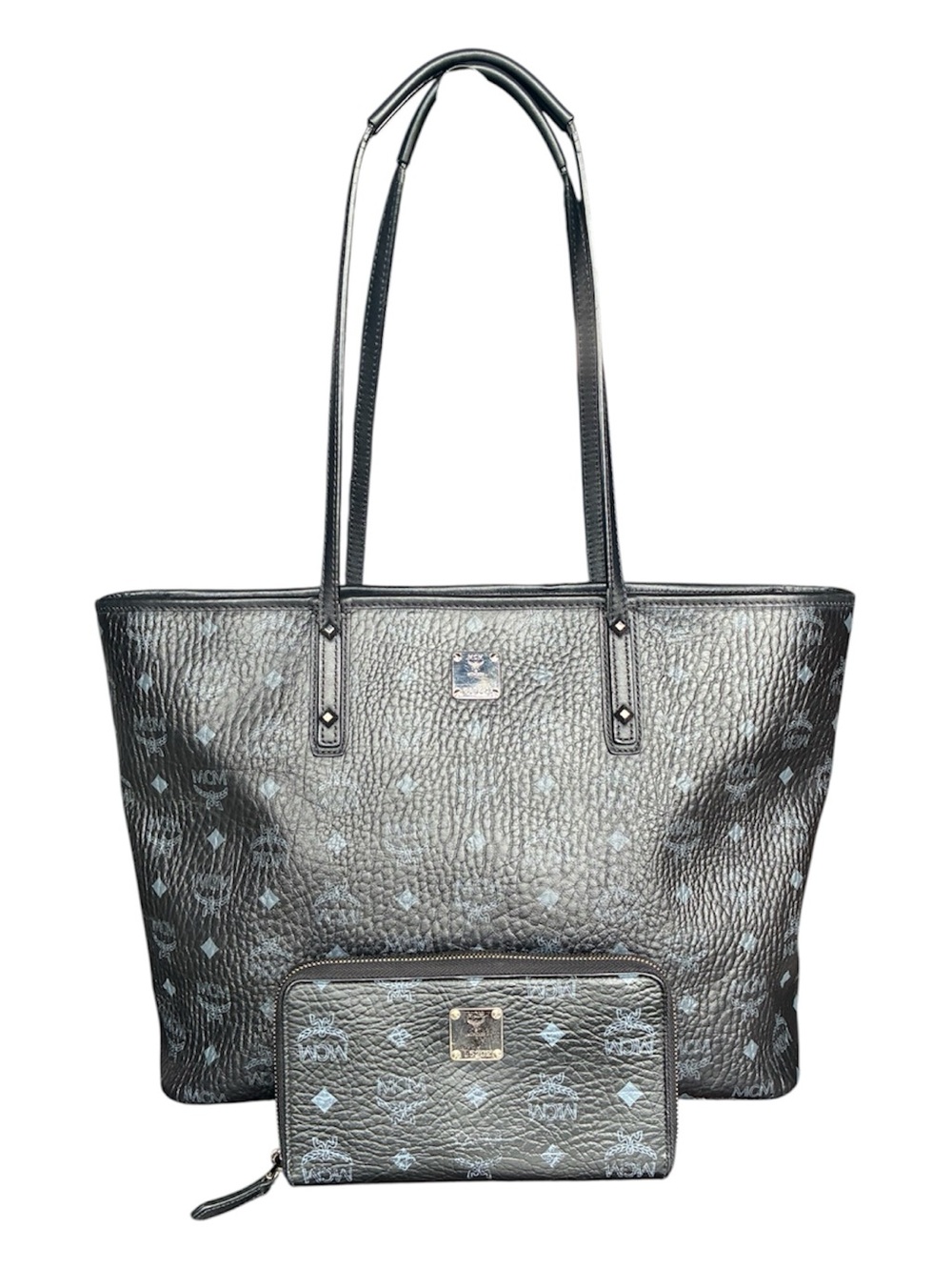 MCM Black Monogram Pebbled Leather Tote with Matching Wallet - Picture 1 of 14